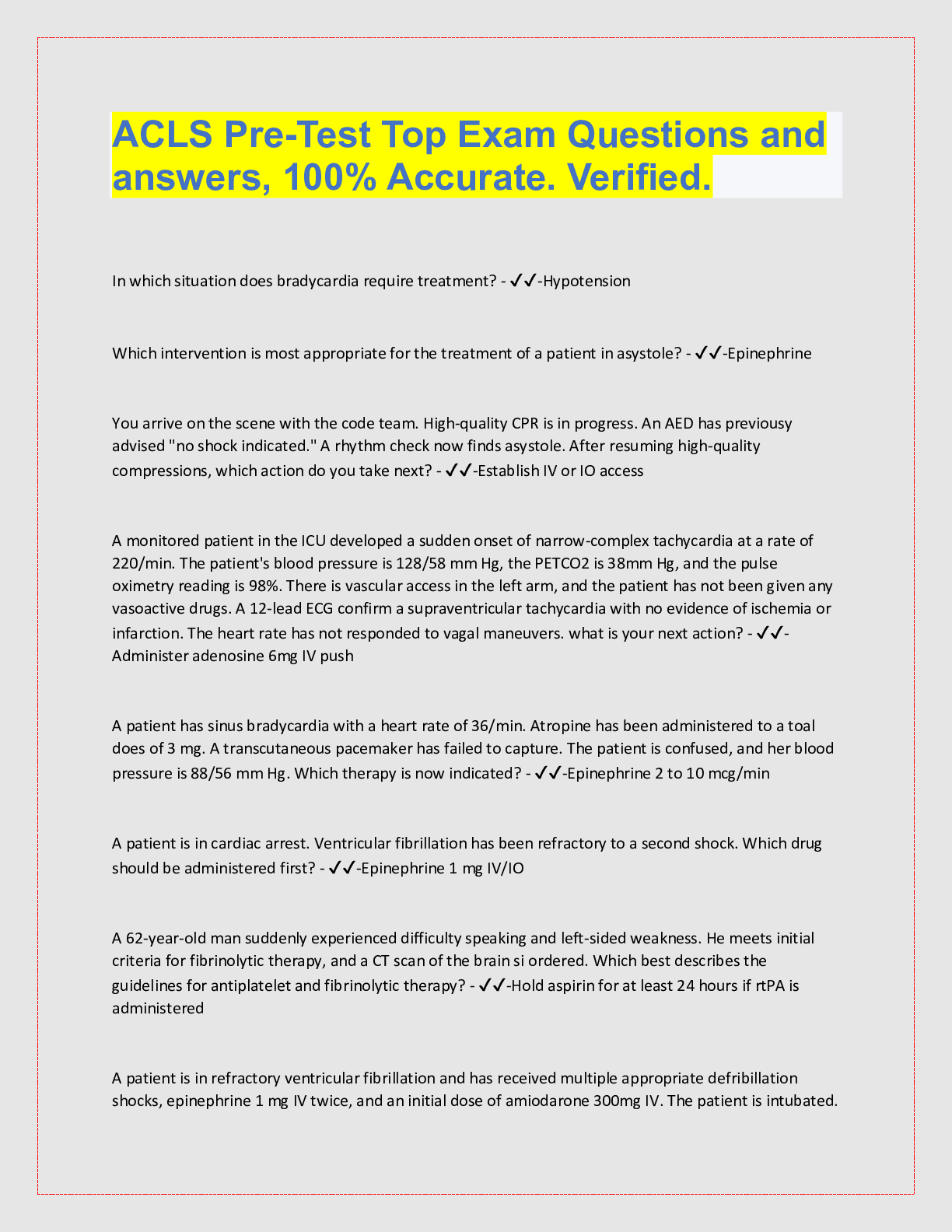 Preview image for ACLS Pre-Test Top Exam Questions and  answers, 100% Accurate. Verified.